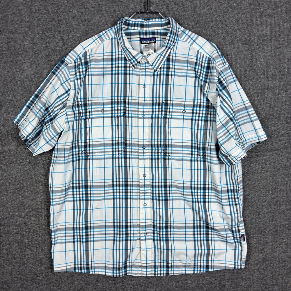 Patagonia‎ El Ray Shirt Mens XL Blue White Plaid Short Sleeve Snap Fishing